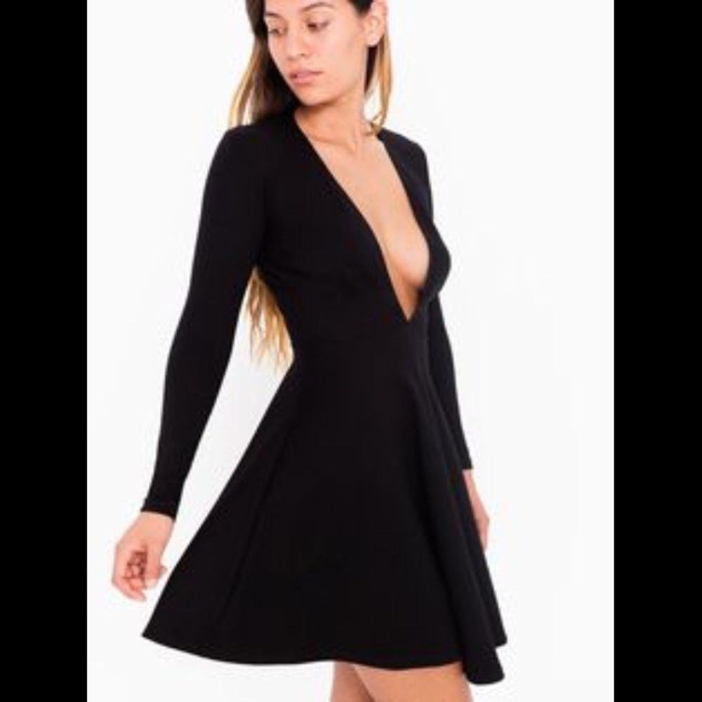 American Apparel black deep V ponte skater dress S
